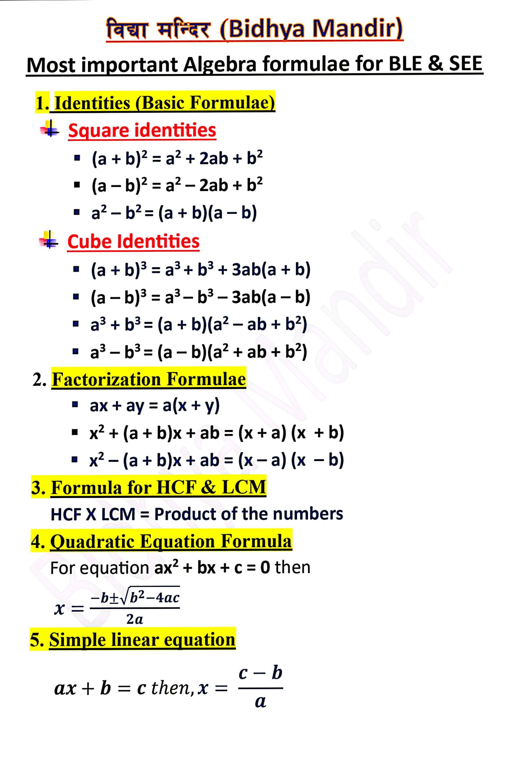 Most Important Algebra Formulae for BLE & SEE Students