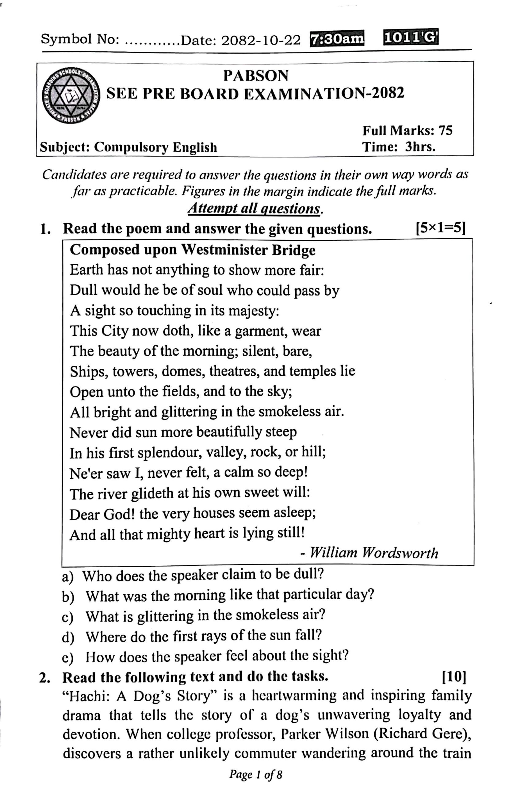 SEE English Pre-Board Exam 2082 Question Papers|| PABSON