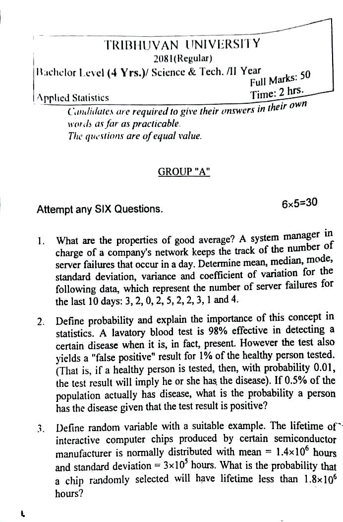 BSc 2nd Year Applied Statistics Past Papers 2081 Regular (TU)