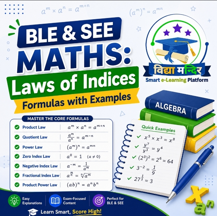 BLE & SEE Maths: Laws of Indices Formulas with Examples