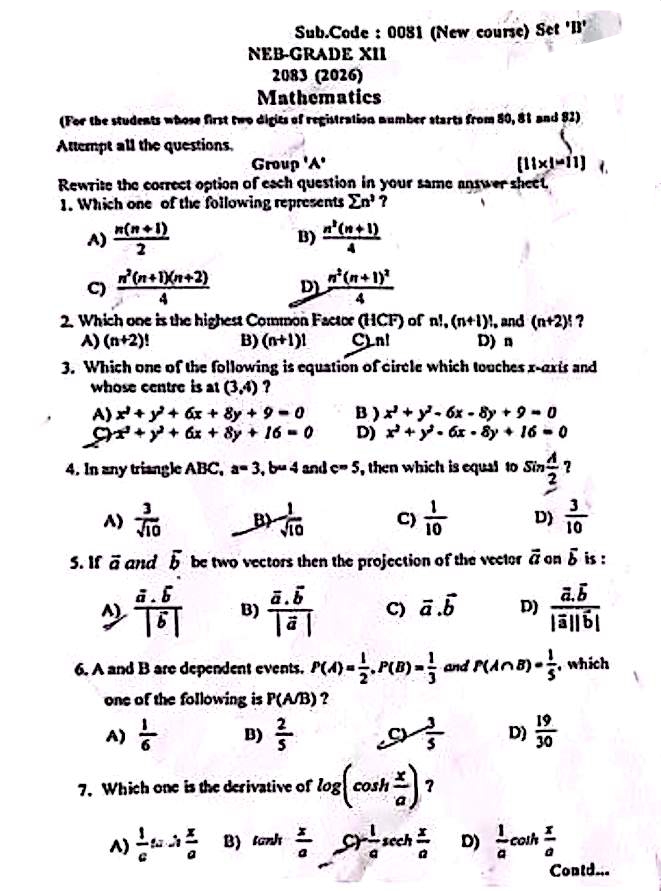 Grade 12 Maths Question Papers 2083 (2026) | PDF Download