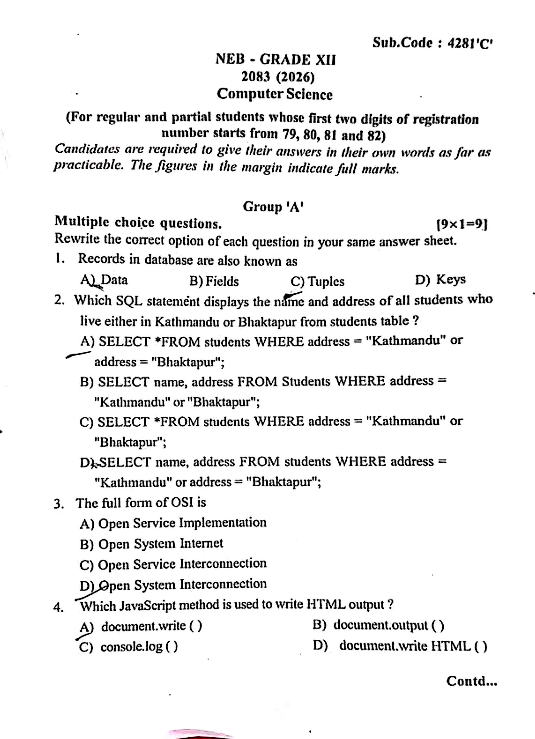 Grade 12 Computer Science Question Papers 2083 (2026) | PDF Download